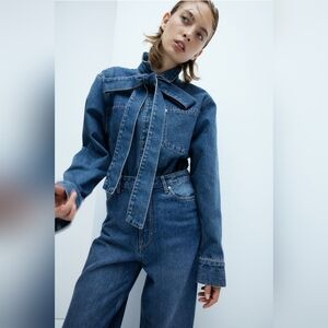 New sz S H&M Tie-neck Denim Shirt 100% Cotton Denim Blue